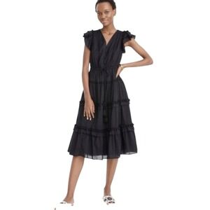 J.Crew Black Tiered Ruffle Midi Dress with Pom Poms and Ladder Lace Trim